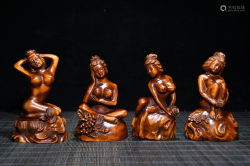 Four Huangyang Wood Carved Figurines