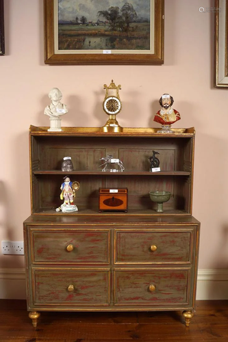 REGENCY PAINTED AND PARCEL GILT OPEN BOOKCASE