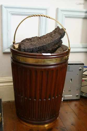 LARGE MAHOGANY AND BRASS BOUND PEAT BUCKET