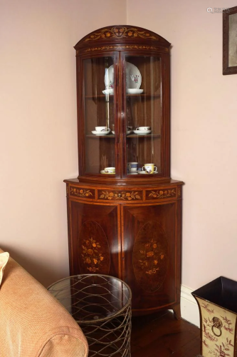 MAHOGANY & MARQUETRY BOW FRONT CORNER CABINET