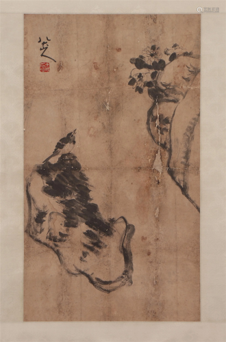 A CHINESE PAINTING OF BIRD ON ROCK