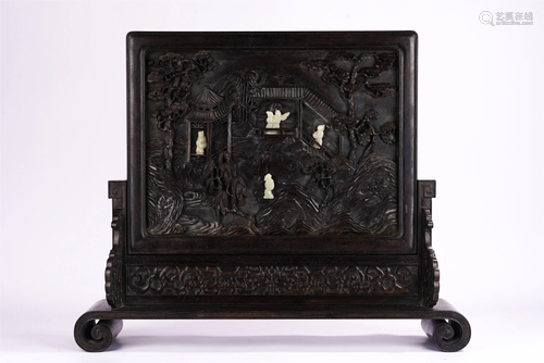 A CHINESE JADE FIGURES INLAID HARDWOOD TABLE SCREEN