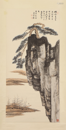 A CHINESE PAINTING OF PINE ON CLIFF