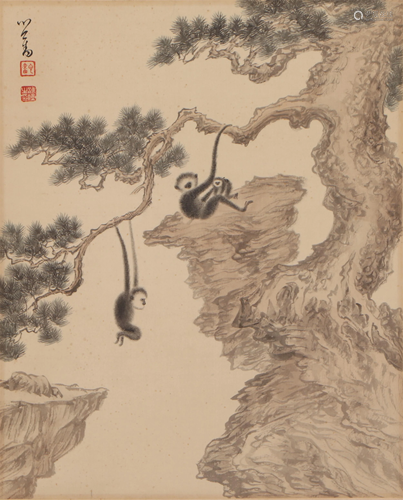 A CHINESE PAINTING OF MONKEYS GROUP