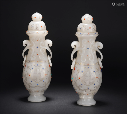 PAIR OF CHINESE HARD-STONES INLAID WHITE JADE VASES