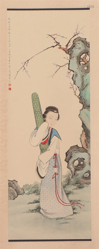 A CHINESE PAINTING OF LADY IN GARDEN