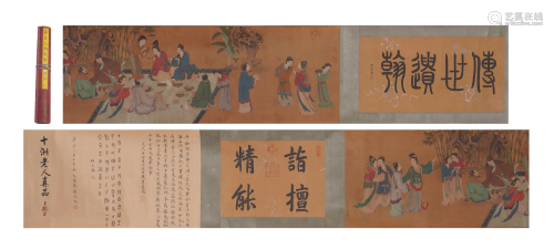 A CHINESE SCROLL PAINTING OF FIGURES STORY