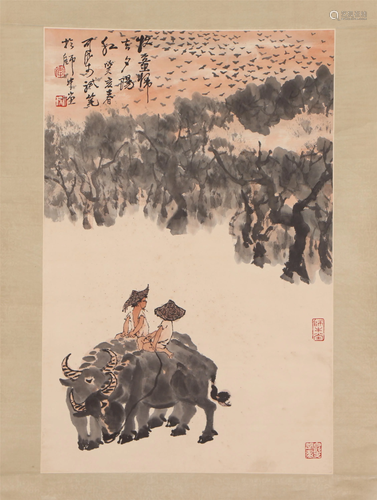 A CHINESE PAINTING OF KIDS ON BUFFALO