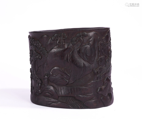 A CHINESE HARDWOOD CARVED FIGURAL BRUSH-POT