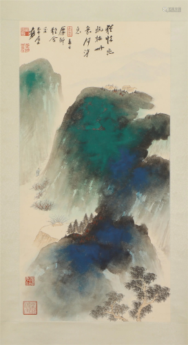 A CHINESE PAINTING OF BLUE AND GREEN LANDCAPE