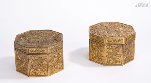 PAIR OF BRONZE GILT HEXAGONAL BOXES AND COVERS