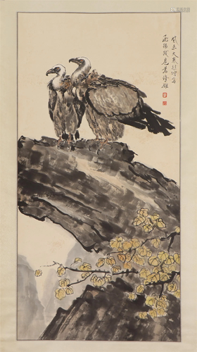 A CHINESE PAINTING OF EAGLES ON ROCK