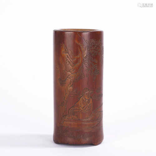 A CHINESE CARVED BAMBOO FIGURAL BRUSH-POT