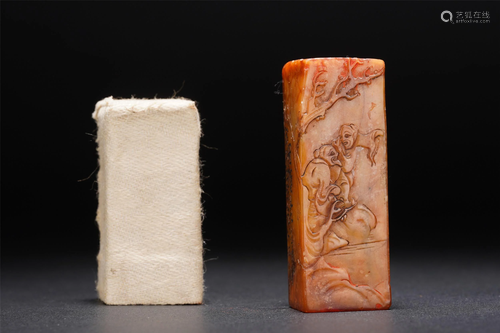 A CHINESE CARVED SOAPSTONE LANDSCAPE-AND-FIGU…