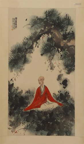 A CHINESE PAINTING OF ARHAT IN RED ROBE