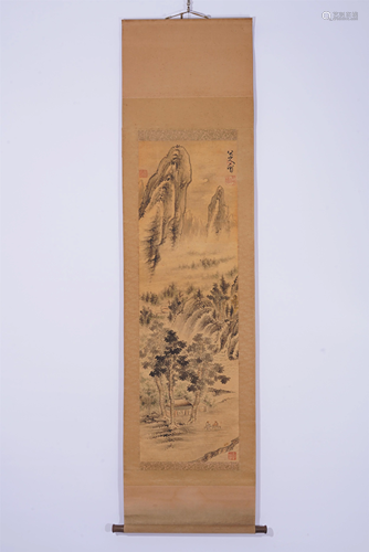 A CHINESE PAINTING OF HUT IN THE WOOD