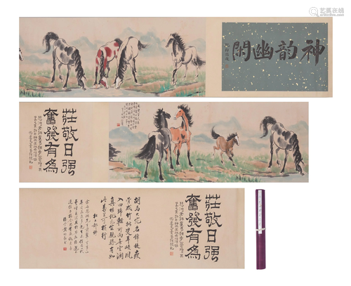 A CHINESE SCROLL PAINTING OF HORSES