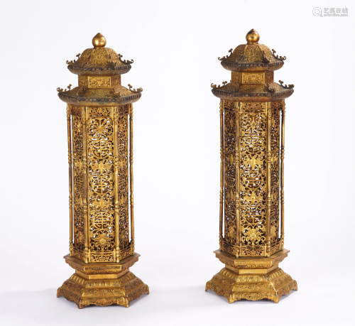 PAIR OF GILT BRONZE RETICULATED INCENSE BURNERS