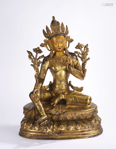 A TIBETAN GILT BRONZE GREEN TARA