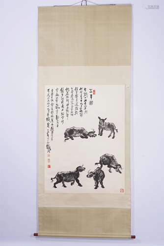 A CHINESE PAINTING DEPICTING FIVE BUFFALOES