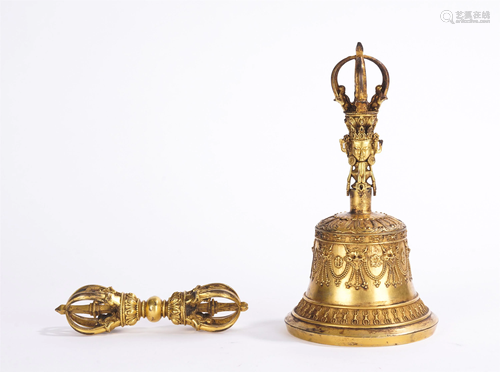 A TIBETAN GILT-BRONZE VAJRA AND GHANTA