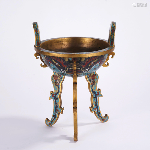 A CHINESE CLOISONNE ENAMEL BEAST-FACER TRIPOD CENSER