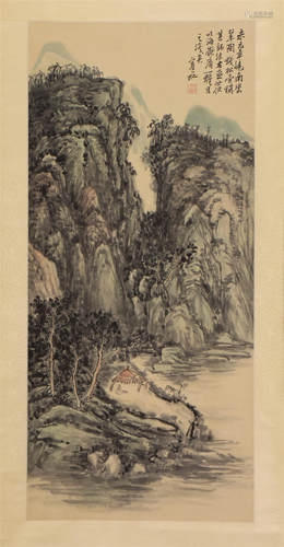 A CHINESE PAINTING OF RESTING BY STREAM