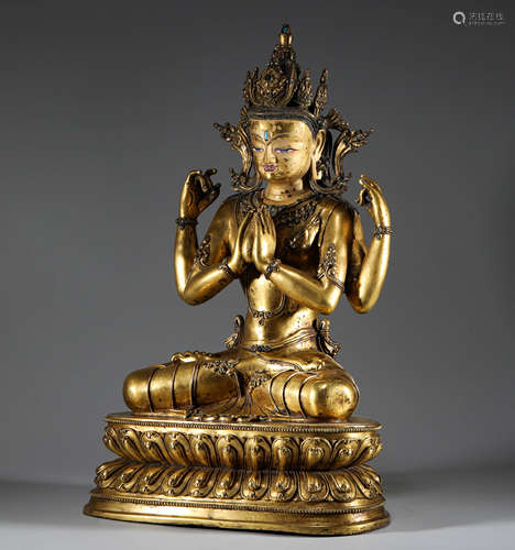 Ming Dynasty, Tibet, bronze gilding, four arm Guanyin