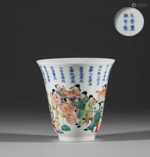 Qing Dynasty, blue and white pastel character story cup