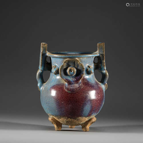 In Song Dynasty, Jun glaze three legged double ear stove