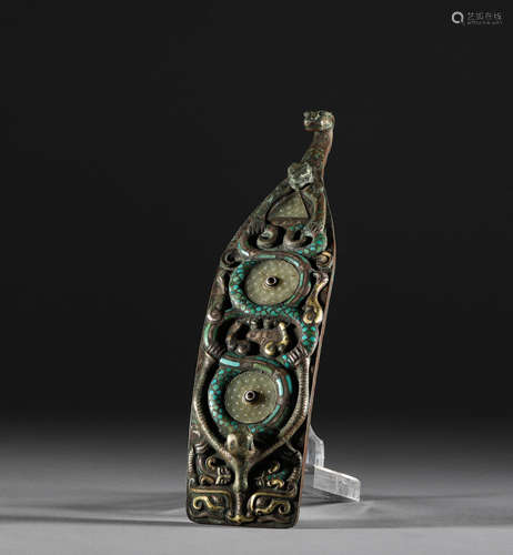 Han Dynasty, bronze inlaid with Hetian jade and pine stone w...