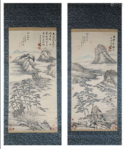 Su Dongpo, paper vertical axis, landscape pair