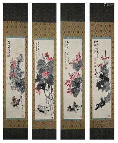 Qi Baishi paper flower four screen