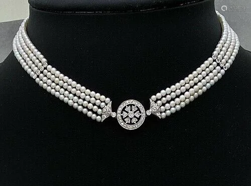 18K White Gold Pearl Diamond Four Strand Beaded