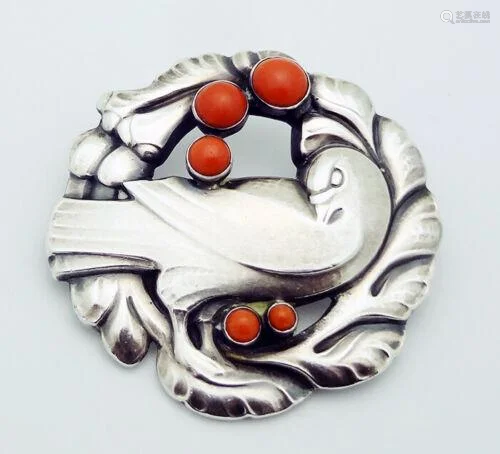 Georg Jensen Denmark Sterling Silver Coral Brooch