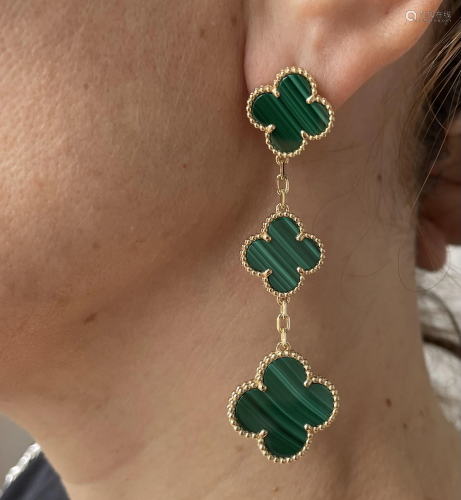 Van Cleef & Arpels Alhambra 3 Motif Malachite Earrings