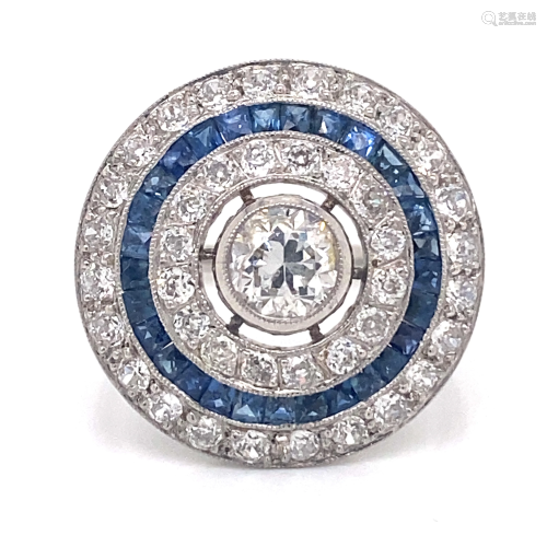 Platinum Sapphire Diamond Round Target Ring