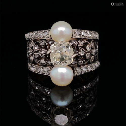 Silver & Gold Diamond Pearl RingÊ