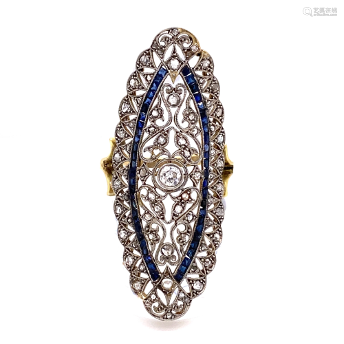 1920Õs Platinum & Gold Diamond Sapphire Long Ring