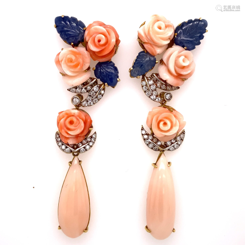 Art Deco 18k Rose Coral Sapphire Diamond Long EarringsÊ