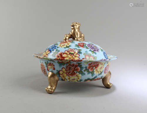 Chinese Polychrome Tripod Porcelain Container