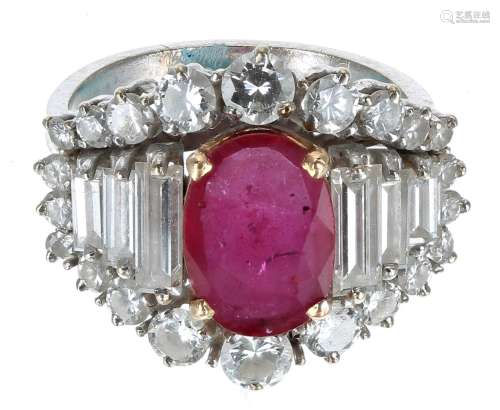 Good ruby and diamond white gold cluster ring, the ruby 1.60...