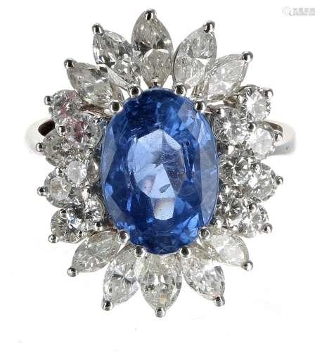 Impressive white gold sapphire and diamond cluster ring, the...