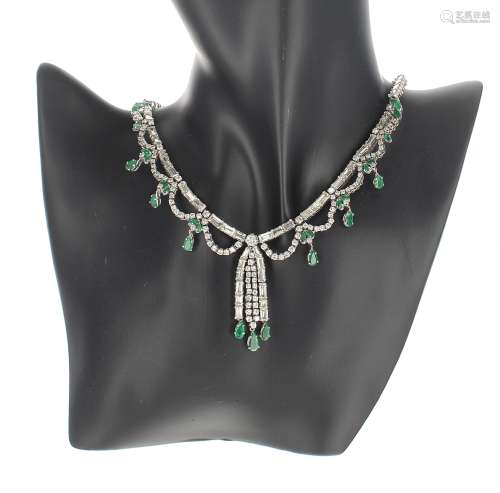 Fine and attractive white gold emerald and diamond necklace ...