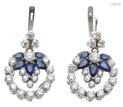 Fine attractive pair of white gold sapphire and diamond drop...