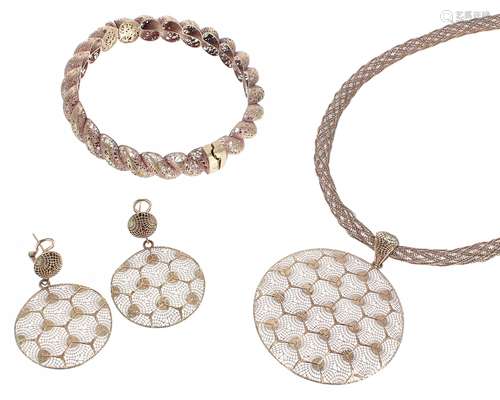 Set of 18k rose metal bracelet, mesh necklace and pair of ea...