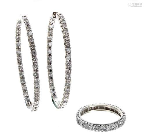 18k white gold diamond set hoop earrings and eternity ring, ...