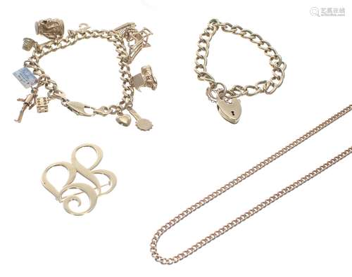 9ct charm bracelet, 9ct curb bracelet, 9ct necklet and a 9ct...