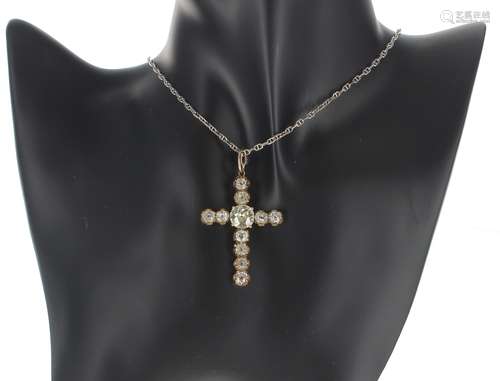 Fine old-cut diamond set cross pendant on a slender 18k whit...