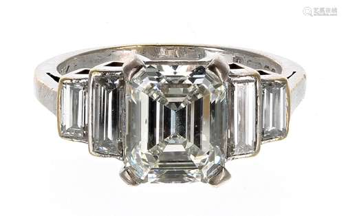 18ct white gold emerald-cut diamond ring with baguette-cut d...